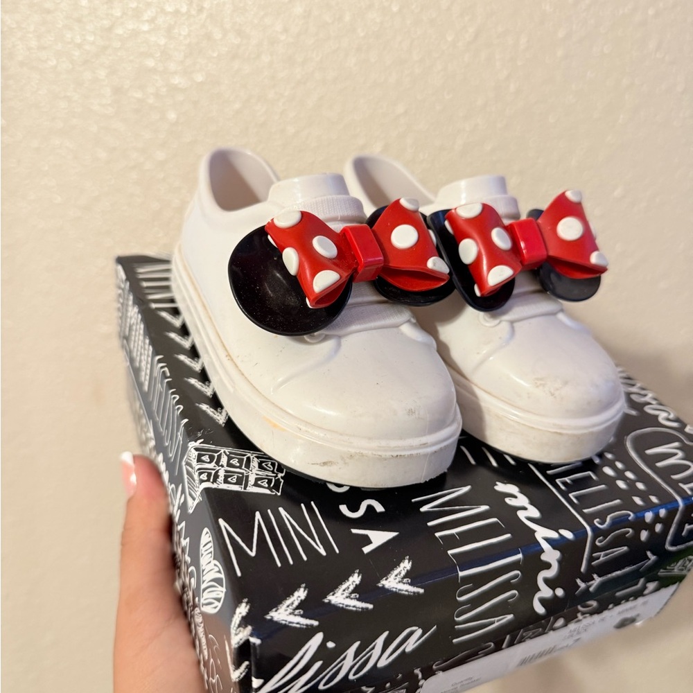 Mini Melissa White Sneakers with Red Polka Dot Bow